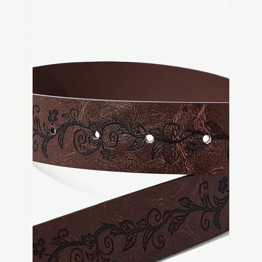 Brown Floral Print Vegan Leather Belt with Antique Gold Buckle - Picture 3 of 4